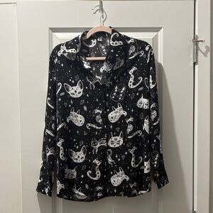 Black and White Cat Print Button-Up Shirt